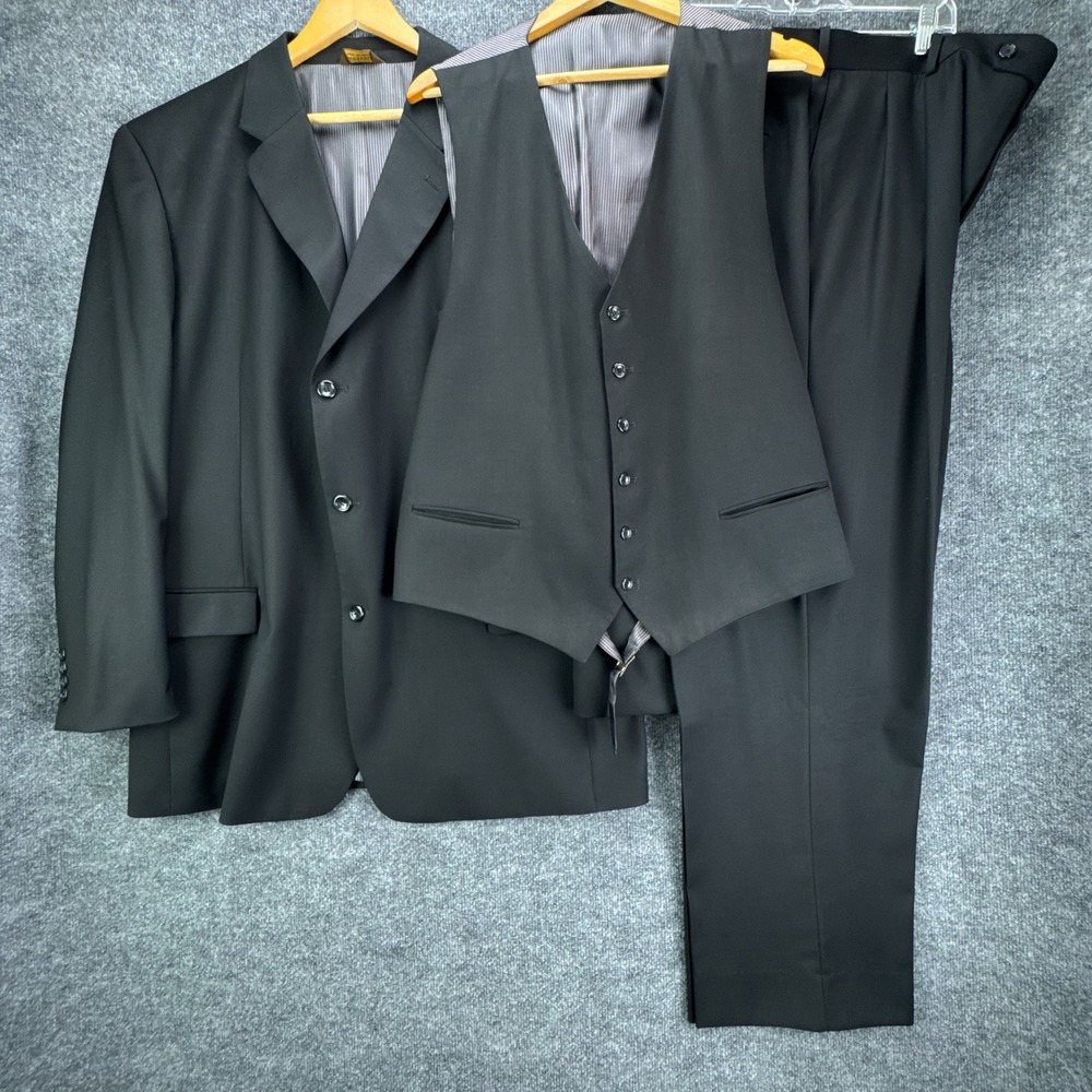 Caravelli 3pc Suit Mens Jacket‎ 48L Pants 43L Vest Black 3 Button Polyester
